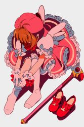1girl adjusting_clothes adjusting_legwear antenna_hair bow bowtie brown_hair cardcaptor_sakura child commentary_request frilled_skirt frills full_body glove_bow gloves hat high_heels kinomoto_sakura pink_hat pink_skirt red_bow red_bowtie red_shoes sanamaru_(sana79261827) shirt shoes short_hair short_sleeves simple_background sitting skirt solo thighhighs unworn_shoes wand white_background white_gloves white_shirt white_thighhighs white_wings wings