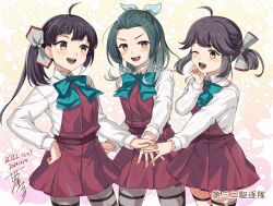 3girls absurdres ahoge aqua_bow aqua_bowtie black_hair blue_bow blue_bowtie bow bowtie breasts cowboy_shot dated dress forehead fujinami_(kancolle) gradient_background gradient_hair green_hair grey_hair grey_pantyhose grey_thighhighs hair_over_eyes hair_ribbon hayanami_(kancolle) highres kanmiya_shinobu kantai_collection long_hair long_sleeves medium_hair multicolored_hair multiple_girls open_mouth pantyhose pleated_dress purple_dress purple_hair ribbon school_uniform seamed_legwear shirt short_hair side-seamed_legwear side_ponytail signature sleeveless sleeveless_dress smile suzunami_(kancolle) thighhighs white_ribbon white_shirt yellow_eyes