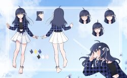 1girl absurdres ahoge anklet back bare_legs barefoot belt black_belt black_shirt blue_hair blue_shirt blue_sky blush bow closed_eyes cloud cloudy_sky collarbone color_guide commission earrings expression_chart fingernails hair_ribbon hand_on_own_head happy highres jewelry long_bangs looking_to_the_side multiple_views navel open_mouth original pale_skin plaid_clothes plaid_shirt pukaku_(game_pklk) reference_sheet ribbon seira_(giomic) shirt signature single_earring skeb_commission skirt sky standing standing_on_one_leg toenails tongue twitter_username white_bow white_skirt yellow_eyes