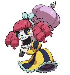 1girl black_dress dress highres holding holding_umbrella honebijin long_hair looking_at_viewer open_mouth parasol pink_hair pink_umbrella puffy_sleeves simple_background skeleton solo third-party_source two-tone_dress umbrella white_background yellow_dress youkai_(youkai_watch) youkai_watch