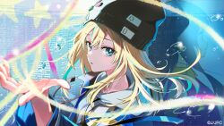 1girl beanie black_hair black_hat blonde_hair blue_eyes blue_jacket commentary_request copyright_notice dual_persona floating_hair green_hair grey_hoodie guest_art hair_between_eyes hat highres hood hood_down hoodie jacket long_hair long_sleeves looking_at_viewer multicolored_hair open_mouth second-party_source sidelocks streaked_hair tachibana_nonoka_(yorukura) tiv yamanouchi_kano yoru_no_kurage_wa_oyogenai