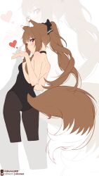 1girl absurdres animal_ear_fluff animal_ears ass backless_leotard bare_arms bare_shoulders black_bow black_choker black_leotard black_pantyhose blowing_kiss blush bow breasts brown_hair choker commentary cropped_legs english_commentary floating_hair from_behind hair_bow heart highleg highleg_leotard highres holo large_tail leotard likunea looking_at_viewer looking_back medium_breasts pantyhose parted_lips patreon_logo patreon_username ponytail red_eyes spice_and_wolf strapless strapless_leotard tail twitter_username twitter_x_logo wolf_ears wolf_girl wolf_tail zoom_layer