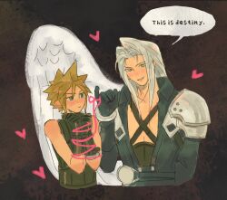 2boys arm_behind_back armor audreychen belt black_background black_belt black_coat black_gloves black_sweater blonde_hair blush bound bound_arms chest_strap cloud_strife coat cropped_torso english_text feathered_wings final_fantasy final_fantasy_vii gloves green_eyes grey_hair grin hair_intakes hand_up heart highres jitome long_coat long_hair long_sleeves male_focus multiple_boys open_clothes open_coat parted_bangs pauldrons pink_string ribbon ribbon_bondage sephiroth short_hair shoulder_armor single_wing sleeveless sleeveless_sweater slit_pupils smile speech_bubble spiked_hair spoken_heart string string_of_fate sweater turtleneck turtleneck_sweater upper_body wings yaoi