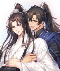 2boys absurdres artist_name black_hair black_hanfu blue_ribbon blush brown_hair chinese_clothes chu_wanning closed_mouth commentary erha_he_tadebai_mao_shizun grey_eyes half_updo hanfu high_ponytail highres hug long_hair long_sidelocks long_sleeves male_focus mo_ran multiple_boys one_eye_closed open_mouth ponytail purple_eyes ribbon ribboned_xiao_guan sidelocks simple_background smile symbol-only_commentary teeth upper_body white_background white_hanfu wide_sleeves xiao_guan_(headdress) yaoi zehel_az
