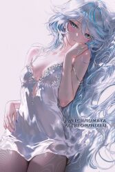 1girl bare_shoulders blue_eyes blue_hair blue_nails blush breasts breasts_apart closed_mouth collarbone commentary dress fingernails furina_(genshin_impact) genshin_impact hair_between_eyes heterochromia highres long_hair looking_at_viewer lying medium_breasts multicolored_hair nail_polish nixeu on_back pantyhose patreon_username sleeveless sleeveless_dress solo spaghetti_strap strap_slip streaked_hair twitter_username very_long_hair white_dress white_hair