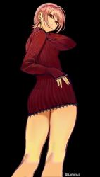 1girl alternate_costume ass black_background breasts chainsaw_man closed_mouth commentary dress earrings english_commentary fami_(chainsaw_man) from_behind hand_on_own_hip hand_on_own_neck highres jewelry lace lace-trimmed_dress lace_trim looking_at_viewer looking_back medium_hair mole mole_under_each_eye mole_under_eye mole_under_mouth multiple_moles pink_hair red_dress red_eyes sammuij simple_background small_breasts solo standing sweater sweater_dress twitter_username