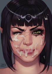 1girl artist_name baldur&#039;s_gate baldur&#039;s_gate_3 black_hair brown_eyes closed_mouth cum cum_in_eye cum_on_body cum_on_lips diadem dungeons_&amp;_dragons facial highres kinky_queen lips long_hair looking_at_viewer nose one_eye_closed pointy_ears portrait shadowheart_(baldur&#039;s_gate) solo wince