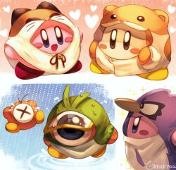 Rule 34 | animal costume, antenna hair, artist name, beamed eighth notes, bell, bird costume, black eyes, blue eyes, blush stickers, brown eyes, cat costume, coo (kirby), coo (kirby) (cosplay), cosplay, costume, eighth note, hamster costume, heart, highres, jingle bell, kirby, kirby (series), looking at another, multiple views, musical note, nago (kirby), nago (kirby) (cosplay), nintendo, no humans, no mouth, one-eyed, open mouth, pitch (kirby), pitch (kirby) (cosplay), puddle, quarter note, rain, raincoat, rick (kirby), rick (kirby) (cosplay), ripples, smile, standing, tokkakyou, visor cap, waddle dee, waddle doo, water drop, x x