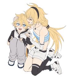 1boy 1girl :d aged_down aotu_world bandeau bare_shoulders black_gloves black_hairband black_thighhighs blonde_hair blue_eyes blush brother_and_sister chinese_commentary closed_eyes crop_top elbow_gloves fingerless_gloves full_body gloves grey_pants hair_between_eyes hairband hand_on_another&#039;s_head hand_on_another&#039;s_shoulder highres hood hoodie jewelry king_(aotu_world) kneeling long_hair low_ponytail male_focus midriff mu20174305 necklace open_mouth pants pointy_ears ponytail q_(aotu_world) shirt shoes shorts siblings simple_background single_thighhigh sitting smile sneakers strapless thighhighs tube_top very_long_hair white_background white_gloves white_hoodie white_shoes white_shorts