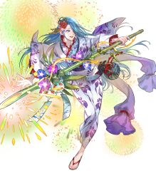 1girl alternate_costume bamboo blue_eyes blue_hair feet female_focus fire_emblem fire_emblem:_path_of_radiance fire_emblem_heroes fireworks hair_over_one_eye highres japanese_clothes kimono long_hair lucia_(fire_emblem) lucia_(yukata)_(fire_emblem) matching_hair/eyes nintendo non-web_source official_alternate_costume official_art open_mouth sandals smile solo suzuki_rika toes yukata