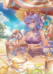 1girl absurdres alternate_costume arrrrrry1 beach beer_bottle beer_can blue_sky blush breasts can cloud commentary_request day drink_can eyewear_on_head ganyu_(genshin_impact) genshin_impact highres horns long_hair looking_at_viewer outdoors parted_lips purple_eyes purple_hair revision sidelocks sitting sky solo sunglasses toy umbrella wariza