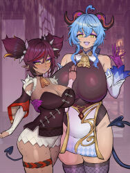 2girls ahoge alternate_breast_size bell blue_hair breasts cleavage cowbell dark-skinned_female dark_skin detached_sleeves eyeshadow fishnets ganyu_(genshin_impact) gloves goat_horns highres horns huge_breasts large_breasts looking_at_viewer makeup multicolored_hair multiple_girls neck_bell open_mouth red_hair shorts smile spikes streaked_hair sweat tail thick_thighs thigh_strap thighhighs thighs tiyuanpoli twintails yellow_eyes