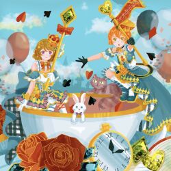 2girls :o animal balloon brown_eyes cat clock closed_mouth club_(shape) crown cup day dress flower gem green_eyes heart highres holding holding_staff hoshizora_rin koizumi_hanayo love_live! love_live!_school_idol_project multiple_girls ohayo_tamago orange_hair outdoors outstretched_arms purple_eyes rabbit red_flower red_rose rose short_hair sitting spade_(shape) spread_arms squatting staff teacup