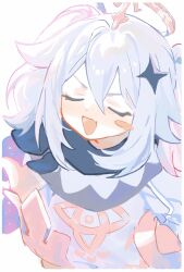 1girl black_scarf blush_stickers closed_eyes commentary dress fang genshin_impact hair_between_eyes hair_ornament halo kaawaisann long_sleeves open_mouth paimon_(genshin_impact) scarf simple_background single_blush_sticker smug solo white_background white_dress white_hair