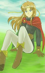 1girl blue_eyes boots cape female_focus gensou_suikoden gensou_suikoden_i gloves ichiban_shibori long_hair lowres odessa_silverberg orange_hair pants sitting sky solo tiara