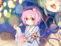 2girls :d black_cat black_hairband blue_background blue_shirt blurry blurry_background bow bowl buttons cat closed_eyes collar depth_of_field diamond_button eating food food_on_face frilled_collar frills green_collar green_hair hair_ornament hairband heart heart_button heart_hair_ornament highres holding holding_spoon ice_cream_spoon kaenbyou_rin kaenbyou_rin_(cat) komeiji_koishi komeiji_satori lantern light_blush long_sleeves looking_to_the_side multiple_girls no_eyes open_mouth paper_lantern pink_hair red_bow ribbon-trimmed_collar ribbon_trim shaved_ice shirt short_hair sleeping smile spoon table third_eye touhou white_collar yellow_shirt yuanyuanshao