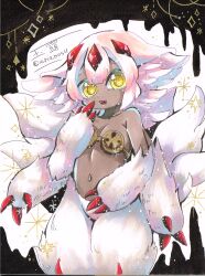1girl ariabosu body_fur breasts commentary_request dark-skinned_female dark_skin extra_arms faputa fewer_digits goggles_around_breasts highres made_in_abyss multiple_tails narehate outie_navel painting_(medium) red_claws sharp_teeth signature small_breasts solo tail teeth traditional_media watercolor_(medium) white_fur white_hair yellow_eyes