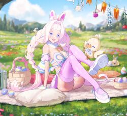 1girl :3 absurdres animal_ears artist_name bare_shoulders basket bilingual_commentary bird blue_eyes blue_sky blurry blurry_background braid breasts cloud cloudy_sky collar colored_eyelashes commentary commission day detached_collar detached_sleeves easter_egg egg english_commentary flower food-themed_hair_ornament freckles fueppu gloves hair_intakes hair_ornament highres house indie_virtual_youtuber large_breasts long_hair looking_at_viewer mixed-language_commentary musical_note musical_note_ornament musical_note_print open_mouth outdoors paint_can pillow pink_hair pink_shoes pink_skirt pink_sleeves pink_thighhighs purple_flower rabbit rabbit_ears rabbit_girl shoes short_eyebrows short_sleeves sitting skirt sky smile teeth the_easter_bunni_(vtuber) thighhighs thighs tree twin_braids twintails upper_teeth_only vgen_commission virtual_youtuber white_collar white_eyelashes white_flower white_gloves