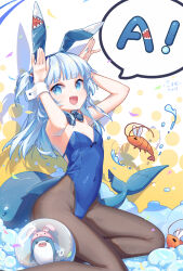 &gt;_&lt; 1girl a_(phrase) aeon_ion animal_ears animal_hat arms_up bloop_(gawr_gura) blue_bow blue_bowtie blue_eyes blue_hair blue_leotard blue_nails blush bow bowtie brown_pantyhose covered_navel detached_collar ebi-chan_(gawr_gura) fake_animal_ears feet_out_of_frame fingernails fins fish_tail flat_chest gawr_gura hair_ornament hat highleg highleg_leotard highres hololive hololive_english leotard long_hair looking_at_viewer nail_polish open_mouth pantyhose playboy_bunny rabbit_ears rabbit_hat rabbit_pose shark_girl shark_hair_ornament shark_tail sharp_teeth sitting smile speech_bubble strapless strapless_leotard tail teeth translation_request two_side_up virtual_youtuber white_wrist_cuffs wrist_cuffs yokozuwari