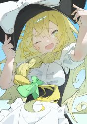 1girl absurdres apron black_hat blonde_hair blue_sky bow braid breasts collared_shirt commentary cowboy_shot day framed_breasts frilled_apron frills green_bow hair_bow hand_on_headwear hands_up hat hat_bow highres kirisame_marisa kurukuru1202kr light_blush long_hair looking_to_the_side open_mouth puffy_short_sleeves puffy_sleeves shirt short_sleeves side_braid sky smile solo touhou very_long_hair waist_apron white_apron white_bow white_shirt yellow_eyes