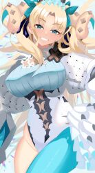 1girl blonde_hair bow breasts curled_horns elbow_gloves ereshkigal_(fate) fate/grand_order fate_(series) frills gloves green_eyes green_pantyhose grin hair_bow highres horns large_breasts leotard long_hair long_sleeves looking_at_viewer pantyhose parted_bangs puti_tomato19 single_leg_pantyhose smile solo space_ereshkigal_(fate) space_ereshkigal_(third_ascension)_(fate) thighs two_side_up white_gloves white_leotard