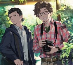 Rule 34 | 2boys, bag, belt, belt buckle, black-framed eyewear, black hair, black shirt, blue jacket, brown belt, brown eyes, buckle, camera, collared shirt, commentary request, curtained hair, glasses, grey eyes, grey pants, grin, hair slicked back, hiraga keisuke, holding, holding camera, hood, hood down, hooded jacket, isa (peien516), jacket, leaf, long sleeves, looking to the side, male focus, multiple boys, odagiri hidetoshi, open clothes, open collar, open jacket, pants, parted hair, parted lips, persona, persona 3, plaid clothes, plaid shirt, plant, semi-rimless eyewear, shirt, shirt tucked in, short hair, short sideburns, shoulder bag, sideways glance, smile, standing, teeth, watch, white shirt, wristwatch