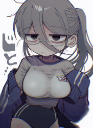 1girl aozora_kyoka black_eyes blue_buruma blue_jacket breasts buruma closed_mouth commentary_request glasses grey_hair gym_shirt gym_uniform highres impossible_clothes impossible_shirt jacket large_breasts long_hair long_sleeves looking_at_viewer off_shoulder original ringed_eyes shirt side_ponytail sleeves_past_fingers sleeves_past_wrists solo white_shirt yasashii_naizou