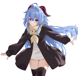 1girl absurdres ahoge black_jacket black_thighhighs blue_hair blush closed_mouth commentary contemporary cowboy_shot crossed_bangs dress eyelashes floating_hair ganyu_(genshin_impact) genshin_impact goat_horns hair_between_eyes highres horns jacket long_hair long_sleeves looking_at_viewer mxr open_clothes open_jacket outstretched_arms purple_eyes red_horns scarf short_dress sidelocks skindentation smile solo split_mouth spread_arms standing thighhighs very_long_hair white_background white_dress yellow_scarf