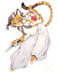 1girl absurdres animal_hands apple argyle_background armlet blue_eyes body_fur claws commentary_request food fruit full_body furry furry_female grin hat highres holding holding_knife jester_cap jewelry kaganoi_(nemi_ze) knife looking_at_viewer orange_fur orange_hair original panties puffy_pants sharp_teeth short_hair smile solo tail teeth tiger_girl underwear whiskers white_background white_panties