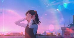 1girl absurdres black_hair black_vest blue_sky city closed_eyes closed_mouth commentary_request evening from_side hands_on_headphones headphones highres lens_flare light_smile necktie o-bana original outdoors red_necktie scenery sky solo sunset sweater_vest upper_body vest