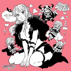 Rule 34 | 1girl, 4boys, arm strap, arms between legs, belt buckle, blush, braid, braided sidelock, breasts, buckle, cape, capelet, chibi, cleavage, closed eyes, cloud, collarbone, commentary request, copyright name, cott100, crop top, facial hair, facial scar, fake horns, full body, fur-trimmed cape, fur-trimmed capelet, fur trim, greyscale with colored background, hat, heart, heart-shaped eyes, helmet, highres, horned helmet, horns, large breasts, leg warmers, lightning bolt symbol, long hair, long nose, looking at viewer, mini hat, miniskirt, monkey d. luffy, multiple boys, nami (one piece), nami (one piece) (elbaf), official alternate costume, one eye closed, one piece, open mouth, pink background, roronoa zoro, sanji (one piece), scar, scar across eye, scar on cheek, scar on face, short hair, shoulder pads, single braid, sitting, skirt, sweatdrop, sword, sword on back, thigh strap, trembling, twitter username, usopp, viking, wariza, wavy hair, weapon, weapon on back, zeus (one piece)