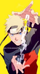 Rule 34 | 1boy, blue eyes, forehead protector, grin, highres, jacket, konohagakure symbol, long sleeves, looking at viewer, naruto (series), naruto shippuuden, ninja, orange jacket, short hair, simple background, smile, solo, spiked hair, teeth, upper body, uzumaki naruto, yellow background, zifletts