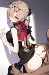 1boy 1girl ^^^ ahoge ass back_cutout bar_censor black-framed_eyewear black_dress blush braid brown_hair censored china_dress chinese_clothes clothed_female_nude_male clothing_aside clothing_cutout commentary_request dark-skinned_male dark_skin dress eyewear_on_head gold_trim grabbing_another&#039;s_ass groping hair_intakes hair_over_one_eye heavy_breathing hetero highres low_twintails median_furrow nanmo_(nanmokamo) no_panties nose_blush nude orange-tinted_eyewear pelvic_curtain pelvic_curtain_aside purple_eyes sex sex_from_behind short_hair side_braids sweat sweety_(zenless_zone_zero) tinted_eyewear twintails zenless_zone_zero