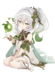 1girl absurdres bare_shoulders bracelet cape closed_mouth commentary_request detached_sleeves dress full_body genshin_impact gold_trim gradient_hair green_cape green_eyes green_hair green_sleeves hair_between_eyes hair_ornament hand_up heart highres iroha_(mimi0618xx) jewelry leaf_hair_ornament long_hair multicolored_hair nahida_(genshin_impact) partial_commentary pointy_ears seelie_(genshin_impact) side_ponytail simple_background sitting sleeveless sleeveless_dress smile solo star-shaped_pupils star_(symbol) stirrup_legwear symbol-shaped_pupils toeless_legwear toes white_background white_hair whtie_dress