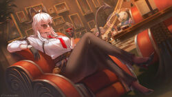 1girl ahoge artist_name black_gloves black_horns black_pants black_shoes breasts button_gap chest_harness collared_shirt commentary crossed_legs cup curled_horns dated earrings english_commentary gloves harness highres holding holding_cup horns jewelry jinjung_b key_earrings large_breasts long_hair looking_ahead looking_over_eyewear necktie pants red_eyes red_necktie round_eyewear shirt shirt_tucked_in shoes solo sunglasses tacet_discord_(wuthering_waves) white_hair white_shirt wuthering_waves zani_(wuthering_waves)