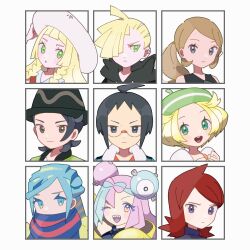 4girls 5boys ahoge bianca_(pokemon) black_hat blonde_hair blue_scarf brown_hair character_hair_ornament cheren_(pokemon) closed_mouth cowlick eneko_(olavcnkrpucl16a) eyelashes gladion_(pokemon) glasses green_eyes green_hat grey_eyes grusha_(pokemon) hair_ornament hand_on_headwear hat highres iono_(pokemon) jacket lillie_(pokemon) long_hair multicolored_hair multiple_boys multiple_girls nintendo paxton_(pokemon) pokemon pokemon_bw pokemon_hgss pokemon_legends:_z-a pokemon_sm pokemon_sv pokemon_xy ponytail red_hair scarf scarf_over_mouth serena_(pokemon) short_hair silver_(pokemon) striped_clothes striped_scarf sun_hat two-tone_hair white_hat yellow_jacket