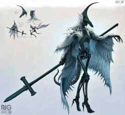 Rule 34 | 1other, absurdres, armor, feathered wings, full body, hands up, helmet, highres, hip bones, holding, holding polearm, holding weapon, monster, monster focus, multiple views, original, outstretched arm, polearm, ribs, shoulder armor, simple background, skeleton, skull, spine, standing, tail, teeth, tyawantyawan356, weapon, wings
