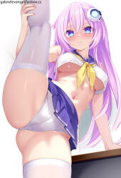 Rule 34 | 1girl, artist name, blue eyes, blush, breasts, cameltoe, choujigen game neptune, crop top, gabriel evangel, hair ornament, highres, long hair, looking at viewer, looking down, medium breasts, microskirt, navel, nepgear, neptune (series), panties, pink hair, purple sister, school uniform, serafuku, signature, skindentation, skirt, sleeveless, solo, split, standing, standing on one leg, standing split, symbol-shaped pupils, table, thighhighs, underboob, underwear, white panties, white thighhighs
