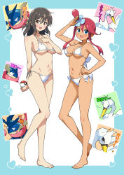 Rule 34 | 2girls, :d, absurdres, asuka (senran kagura), barefoot, bikini, blue eyes, blush, border, bow, breasts, brown eyes, brown hair, cleavage, crossover, eggman (ni tamagoex), full body, gen 5 pokemon, gen 6 pokemon, greninja, hair ornament, hand on own hip, heart, highres, inset, japanese text, large breasts, looking at viewer, medium hair, micro bikini, multiple girls, nintendo, open mouth, pokemon, pokemon (creature), pokemon bw, red hair, salute, senran kagura, senran kagura estival versus, senran kagura shinovi versus, short hair with long locks, side-tie bikini bottom, skyla (pokemon), smile, standing, standing on one leg, swanna, swimsuit, teeth, topknot, upper teeth only, white bikini