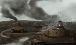 Rule 34 | 1girl, black hat, black jacket, brown hair, closed mouth, commentary, day, emblem, explosion, frown, garrison cap, girls und panzer, grey sky, hat, highres, insignia, jacket, jagdtiger, kuromorimine (emblem), kuromorimine military uniform, long sleeves, military, military hat, military uniform, military vehicle, motor vehicle, nishizumi maho, outdoors, panther (tank), ryuu9610, short hair, sky, smoke, solo, tank, tiger i, vehicle focus, vehicle request