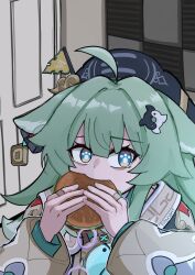 Rule 34 | 1girl, acoustic foam, ahoge, animal ear piercing, animal ears, artist name, black hat, blue eyes, brown jacket, burger, burger malfunction, door, ear ornament, eating, fang, food, food malfunction, fox ears, fox girl, green hair, hair ornament, hat, highres, holding, holding food, honkai: star rail, honkai (series), huohuo (honkai: star rail), indoors, jacket, jerma985, jerma985 eating a whopper (meme), long hair, long sleeves, looking at viewer, meme, paw-shaped pupils, pianobat, solo, symbol-shaped pupils, upper body, yin yang hair ornament