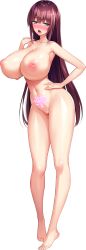 1girl absurdres aroused barefoot blue_eyes blush breasts cleavage completely_nude derauea full_body game_cg glowing_tattoo hand_on_own_hip heart heart_tattoo highres huge_breasts inverted_nipples long_hair looking_at_viewer milk_factory motto!_haramase!_honoo_no_oppai_isekai_chou_ero_succubus_gakuen! navel nipples non-web_source nose_blush nude official_art open_mouth pubic_tattoo red_hair saliva sidelocks sprite standing stomach tachi-e tattoo tongue tongue_out transparent_background washimiya_takami