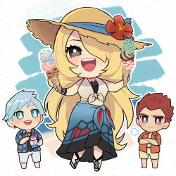 1girl 2boys :d alternate_costume black_shirt blonde_hair blue_eyes blue_hair blue_sarong brown_hat chibi chibi_only crop_top cynthia_(pokemon) cynthia_(summer_2025)_(pokemon) flower food full_body grey_eyes hair_over_one_eye hat hat_flower holding holding_ice_cream_cone ice_cream ice_cream_cone komoten_(yuigadokusontei) lance_(pokemon) long_hair looking_at_another looking_at_viewer midriff multiple_boys multiple_scoops nintendo official_alternate_costume open_clothes open_mouth open_shirt orange_shirt pokemon pokemon_hgss pokemon_masters_ex puff_of_air red_flower red_hair sarong shaved_ice shirt short_hair shorts smile steven_stone steven_stone_(summer_2020) sun_hat teeth upper_teeth_only very_long_hair white_shorts yellow_shorts