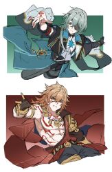 2boys abs absurdres anaxa_(honkai:_star_rail) ancient_greek_clothes arm_up armor belt black_belt black_gloves black_jacket black_pants black_shirt blonde_hair blue_cape body_markings border braid cape closed_mouth collarbone earrings eyepatch facial_mark floating_cape gauntlets gloves gold_armlet gold_earrings gold_necklace gradient_background gradient_hair greco-roman_clothes green_background green_hair grey_pants hair_ornament highres honkai:_star_rail honkai_(series) jacket jewelry lapels long_hair long_sleeves looking_at_viewer low_ponytail male_focus multicolored_hair multiple_boys muscular muscular_male mydei_(honkai:_star_rail) necklace open_clothes open_jacket orange_hair outside_border pants papajay_(jennygin2) ponytail red_background red_cape shirt shoulder_armor simple_background single_bare_shoulder single_braid single_earring single_glove teeth v-shaped_eyebrows white_border white_shirt yellow_eyes