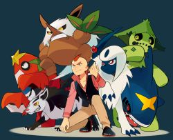 Rule 34 | 00s, 1boy, absol, cacturne, crawdaunt, elite four, gen 3 pokemon, hand on own knee, mightyena, nintendo, pokemon, pokemon (creature), pokemon rse, red hair, sharpedo, shiftry, short hair, sidney (pokemon), smile, throwing, throwing poke ball, ucchii, vest