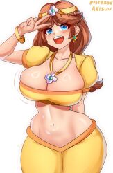 1girl anisdrawn arabian_clothes bandeau belly_dancing blue_eyes bracelet breasts brown_hair circlet crop_top earrings flower_earrings flower_pendant harem_pants highres jewelry long_hair lying mario_(series) mario_kart mario_kart_world midriff navel necklace nintendo official_alternate_costume on_stomach open_mouth orange_pants pants princess_daisy princess_daisy_(oasis) puffy_short_sleeves puffy_sleeves short_sleeves smile yellow_bandeau yellow_pants