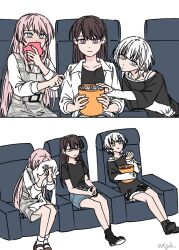 3girls a_jak bang_dream! bang_dream!_it&#039;s_mygo!!!!! black_shirt blue_eyes blush brown_hair chihaya_anon closed_mouth crying dress eating expressionless food grey_dress grey_eyes heterochromia highres kaname_raana layered_sleeves long_hair long_sleeves medium_hair mole mole_under_eye movie_theater multiple_girls pinafore_dress pink_hair plaid_clothes plaid_dress popcorn purple_eyes shiina_taki shirt short_over_long_sleeves short_sleeves sleeveless sleeveless_dress tears white_hair white_shirt yellow_eyes