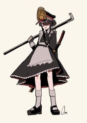 1girl alternate_costume alternate_hairstyle angry apron artist_name bandaid bandaid_on_leg black_dress black_hair black_shoes crest dress enmaided family_crest fate/grand_order fate_(series) fingerless_gloves frilled_apron frills gloves goma1021 hair_between_eyes hair_bun hat highres holding holding_lead_pipe kneehighs lead_pipe long_hair long_sleeves looking_at_viewer maid maid_apron oda_nobunaga_(fate) oda_nobunaga_(koha-ace) oda_uri open_mouth peaked_cap red_bandaid red_eyes scabbard shaded_face sheath sheathed shoes simple_background socks solo sword weapon white_apron white_background white_socks