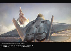 ace_combat aircraft airplane cloud cockpit english_text f-22_raptor fighter_jet flying highres letterboxed military military_vehicle mobius_(mobiusu14) no_humans pilot realistic science_fiction sky su-37 vehicle_focus
