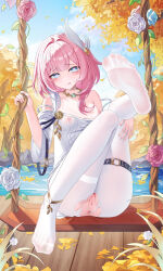 1girl absurdres anus bare_shoulders blue_eyes blue_sky breasts censored commentary_request cyrene_(honkai:_star_rail) dress feet hair_ornament highres honkai:_star_rail honkai_(series) jndfh lake leg_up looking_at_viewer medium_hair mosaic_censoring multicolored_hair nipples on_swing outdoors pantyhose pink_hair pussy see-through_clothes see-through_dress sky small_breasts smile soles solo strap_slip swing swing_set thigh_strap thighs toes torn_clothes torn_pantyhose two-tone_hair variant_set water white_dress white_hair white_pantyhose wooden_floor